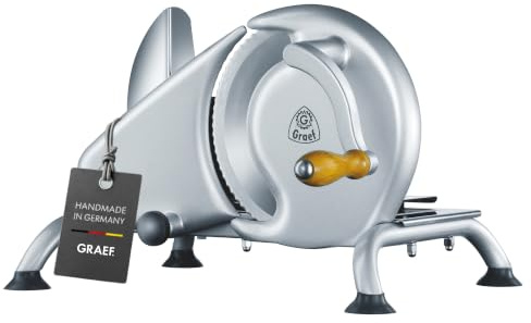 GRAEF Manuale H9 Manueller Allesschneider, Made in Germany, Vollmetall | Einfache Bedienung per Handkurbel, Edelstahl-Wellenschliffmesser Ø190 mm, Schnittstärke 0-15 mm, Brotschneidemaschine, Silber