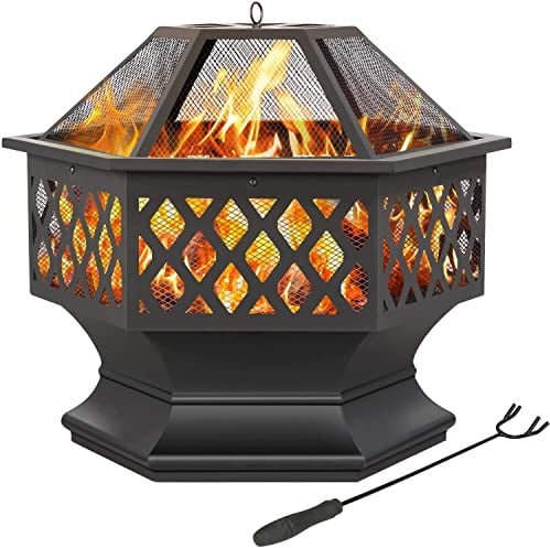 Yaheetech Ø 61cm Feuerschale mit Funkenschutz, Sechseckige Feuerstelle, Multifunktional Feuerkorb, Fire Pit, Feuerschalen für den Garten, Winter Heizung, Terrasse, Lagerfeuer und Camping