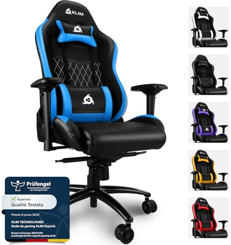 KLIM Esports Gaming Stuhl - Mit Lenden- und Nackenstütze - Verstellbar Gaming Sessel - Ergonomisch PC Stuhl - Kunstleder und Premium-Materialien - Blau Gamer Stuhl Gaming Chair