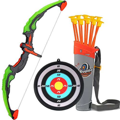 AUVIM Bogenschießen Set Pfeil, Bogen Kinder mit LED Blitzlichtern 1x Zielscheibe 10x Saugnapfpfeile 1x Pfeilhalter Spielzeugbogen Set für Jungen und Mädchen ab 6 Jahren, Beidhändig