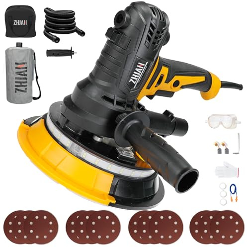 900W Trockenbauschleifer,1400-2700RPM Elektroschleifmaschine für Wände | LED-Licht,Staubbeutel,Schlauch,Tellerschleifer mit 5 variable Geschwindigkeiten,Grob-/Feinschliff, 12 Stück Schleifscheibn