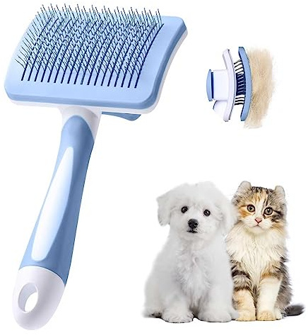 Vinabo Selbstreinigende Katzenbürste & Hundebürste, Tierhaarbürste für Kurzhaar & Langhaar, Unterfellbürste gegen Unterwolle & leichte Verfilzungen, One-Click-Reinigung, Blau