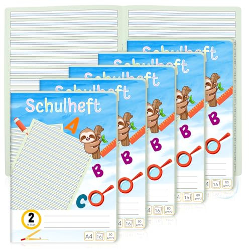 6er-Pack Schreiblernheft Lineatur 2 Din A4 1 Hefte je 16 Blatt Deutschheft 2 Klasse Als Schreiblernheft 100g/m²Bezug Runde Ecken Verhindern Eselsohren Liniertes Heft Farbig Hinterlegte Lineatur