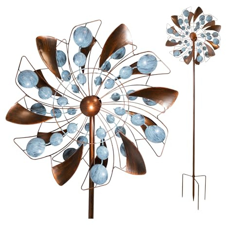 Lemodo Windrad Fancy mit gegenläufigen Rotoren, Metall-Gartenstecker bis 213 cm, wetterfeste Kupferoptik, stabiles Windspiel für Garten & Terrasse, dekorative Windskulptur mit ruhigem Dreheffekt
