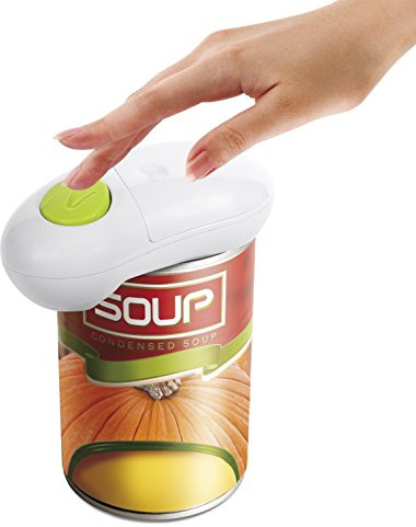 One Touch KC86 Dosenöffner, elektrisch, öffnet alle Arten von Dosen (batteriebetrieben), freie Hände, Edelstahl, Weiß/Grün, Groß