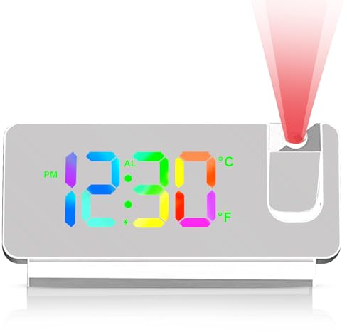 BYZESTY Wecker Digital mit Projektion, Projektionswecker 180 °, Digitaler Wecker mit Temperatur, Datum, 12/24HR, USB Aufladbarer, Projektionsuhr für Schlafzimmer (weiß)