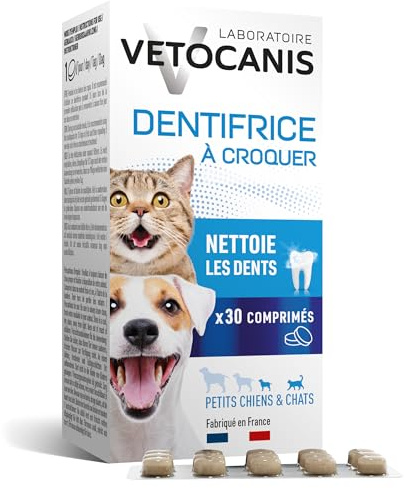 Vetocanis | Kaubare Hundezahnpasta und Katzenzahnpasta | Stärkt den Zahnschmelz | Anti-Zahnsteinentferner Hund und Katze | Zahnpflege Hund | Hähnchengeschmack | 30 Tabletten| Hergestellt in Frankreich