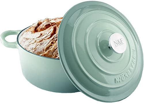 Njörd & Freya® Gusseisentopf 24 cm – Brotbacktopf emailliert mit Deckel – Dutch Oven für Brot, Braten & Eintöpfe – Gusstopf backofenfest, Induktion geeignet, Gusseisener Topf