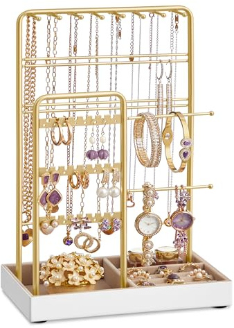 SONGMICS Schmuckständer, Schmuckhalter, Metallrahmen, Schmucktablett Samt, Schmuckaufbewahrung für Halsketten Armbänder Ohrringe Ohrstecker Ringe, Geschenkidee, goldfarben JJS021A01