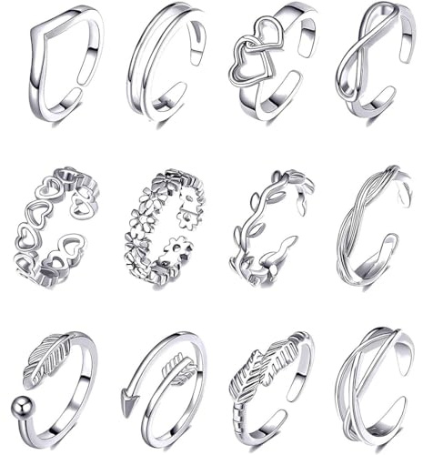 KSJEHW 12 Stücke Offene Zehenringe Set für Damen Mädchen Einfach verstellbarer Knöchelring Zehenringe Fußschmuck(Silber)