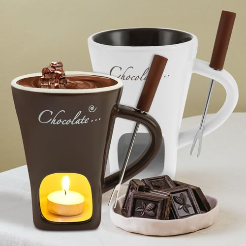 Goshoppers 2 Stück Schokofondue Tasse,Keramik Schokoladenfondue Tasse mit Gabel Neu Käsefondue Set,Mehrzweck Schoko Fondue Cup für Schokolade Schmelzen,Käse,Butter und Karamell,Geschenk Freundin