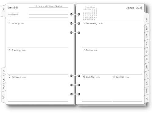 SKYDUE Refillable A5 Ring Binder Calendar, Ringbuch A5 Nachfüllbar, Kalendereinlagen 2026 1 Woche 2 Mit Tabs,Wochenplaner Einlage