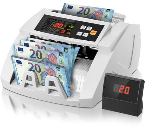 FOHERE Geldzählmaschine, Professioneller Geldzähler mit UV/MG/IR/DD Fälschungserkennung, 1100 Banknoten/Minute, LCD-Display, Wert- und Batch-Modus für Geschäfte, Banken und Restaurants