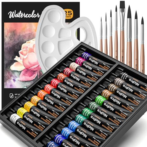 Nicpro Aquarellfarben Set, 24 Tuben x 12 ml Professionelles Malzubehör Set, Hochwertige Wasserfarben, 8 synthetische Eichhörnchenpinsel, 25 Aquarellpapier, Palette, Farbrad für Künstler, Erwachsene