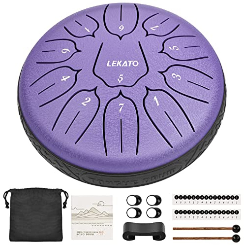 LEKATO Zungentrommel 6 Zoll, Tongue Drum mit 11 Tönen, D-Dur, Legierter Stahl, mit Stoffbeutel, Steel Pan Schlaginstrument für Anfänger, Handpan Drum für Klangheilung Meditation Yoga, Lila