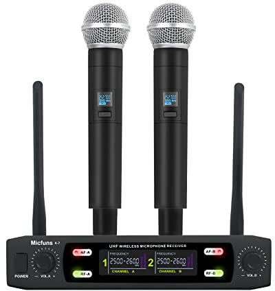 micfuns K7 Professionelles Wireless Mikrofon-Set 2 Handheld VHF 230-250 MHz Mikrofonsystem 100 m Entfernung für Karaoke, Party, Sprache