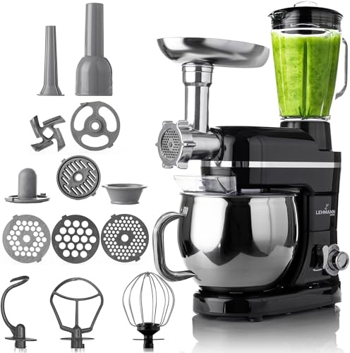 LEHMANN Küchenmaschine 3 in 1 mit Fleischwolf & Glasmixer 1,5L, Knetmaschine mit 5L Edelstahlschüssel, Planetarischem Rührsystem, 6 Stufen + Pulse, Teigmaschine für Brot, Pizza & Kuchenteig