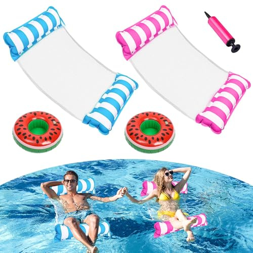 MOSTFUN 2 Stück Luftmatratze Pool mit 2 Aufblasbares Getränkehalter und Luftpump, 4 In 1 Aufblasbare Wasserhängematte Erwachsene Kinder, Luftmatratze Wasser für Sessel Matratzen Sitz Schwimmmatratze