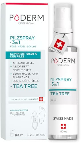 PODERM 3-in-1 Pilzspray für Nägel, Füße & Schuhe | 99,9% der Fußpilzsporen & Bakterien in 1 Stunde zu eliminieren | Teebaum, Zink & Minze | Swiss Made | Entwickelt von einem Podologen