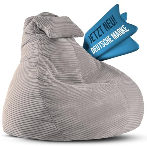 LazyCloud Sitzsack für Erwachsene mit integrierter [Nackenstütze] Cord | XXL Indoor Bean Bag mit Füllung | perfekt als Chill-, Lese- oder Gaming Sessel (90 x 80 x 70 cm) (Leichtgrau)