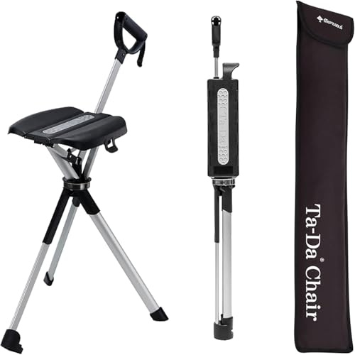 Ta-Da Chair Serie 2 - Gehstock mit Sitz, ultraleichter Aluminiumrahmen & robuster Klapphocker (bis zu 136 kg), zusammenklappbares Design, ideal für Wanderungen und Outdoor-Aktivitäten - Schwarz, 82 cm
