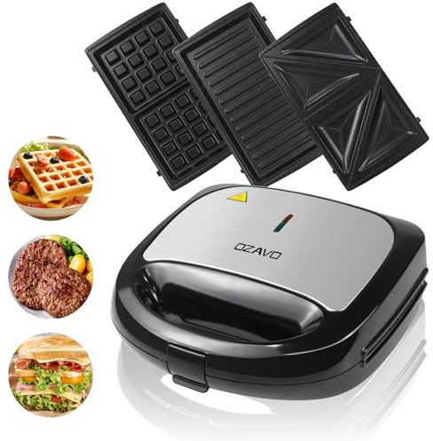 OZAVO Sandwichmaker 3 in 1, Waffeln, Paninitoaster, Sandwich Maker | 3 abnehmbare Grillplatten, Tisch-Grill für Toast, Waffeln, Fleisch, 750W, Schwarz