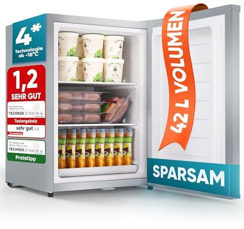 Stillstern Mini Gefrierschrank (42L) -18°C, Eiswürfelschale, Schloss, Türanschlag wechselbar, 4-Sterne Tiefkühlschrank für Camping/Büro Gefriertruhe Klein Gefrierschrank Klein Tiefkühltruhe Silber