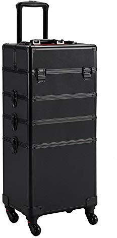 Yaheetech Kosmetikkoffer Alu Trolley 4 in 1 groß abschließbar 34x25x80,5 cm | Rollkoffer mit 360° drehbaren Rollen, abschließbar,Make-up Koffer, Rundumschutz, Friseurkoffer, Verwandelbares Design,Schwarz