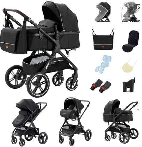YAZOCO kinderwagen 3 in 1 Buggy Babybett Komplett Set Einem Klick Zusammenklappbarer Kinderwagen, KombiKinderwagen Aluminiumrahmen für Neugeborene (1 schwarz)