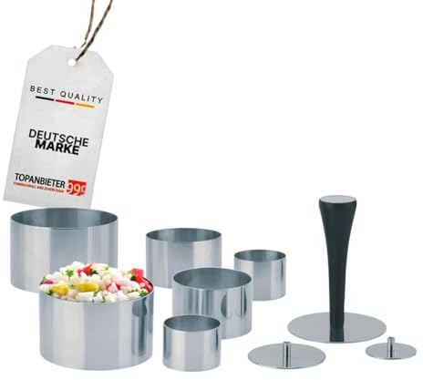 TOPANBIETER 999 Premium Dessertringe Set Edelstahl 10-teilig, Profi Speisenringe Ø 4/6/8 cm, mit Presse & Griff, Anrichtringe, Kochringe, Formringe für Vorspeisen, Desserts & Beilagen
