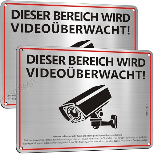 Dieser Bereich Wird Videoüberwacht Schild Aluminium Gebürstet 20x15cm, 2 Stück Videoüberwachung Schild mit DSGVO Hinweis, Mit Selbstklebend, Mit Bohrlöcher