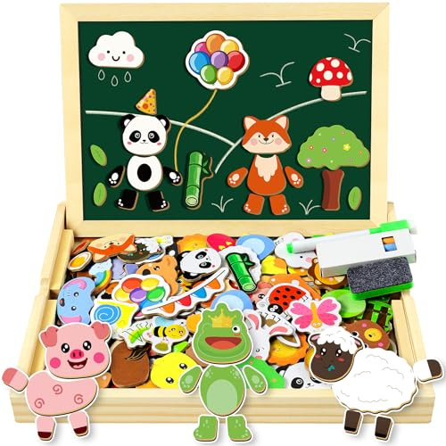 COOLJOY Magnetisches Holzpuzzle 120+ Stück, Puzzle ab 3, Doppelseitige Magnettafel, Montessori Spielzeug ab 2 3 Jahre, Magnetspiel, Ostern Geschenk für Kinder ab 2 3 Jahre Mädchen Und Jungen