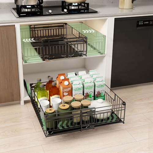 NETEL 2 Stück erweiterbar ausziehbare schublade küche,teleskopschublade | küchenschrank organizer ausziehbar schubladen，Kleben oder Schrauben,Verstellbare Breite 33-51cm ,Tiefe 38cm ,Schwarz