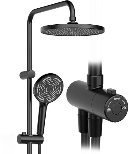 Regendusche ohne Armatur, Duschsystem mit Duschkopf Duschgarnitur Edelstahl Duschsäule Überkopfbrause set Kopfbrause Rund 25cm Schwarz