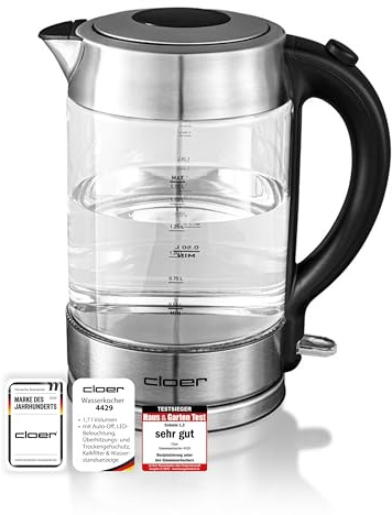 Cloer 4429 Glas Wasserkocher,Testsieger Haus und Garten 02.2019, 2200 Watt, LED-Beleuchtung, verriegelter Sicherheitsdeckel, verdecktes Heizelement, 1,7 Liter, Edelstahl, 1.7 liters