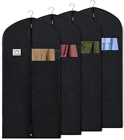 Syeeiex Kleidersack Stoff für die Aufbewahrung, 152x60 cm 4 Stück - Schwarz | Atmungsaktiver Kleiderhülle, Kleidersäcke mit Reißverschluss, Kleidersack Lang für Mantel Kleid Abendkleider & Kostüm