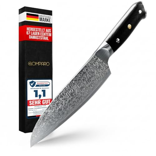 Qomparo Santoku Damastmesser 18cm,Profi Kochmesser aus 67 Lagen VG10 Stahl | Handgeschmiedete Klinge, Echte Damastmusterung, G-10 Griff, Japanisches Kochmesser Extrem Scharf, Test SEHR GUT