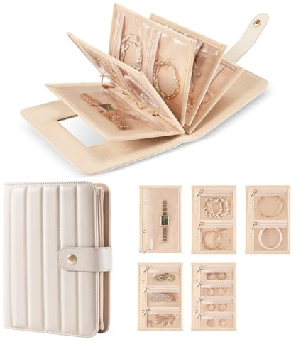 Lolalet Reise Schmuck Organizer mit transparente Schmuck Tasche für Ohrringe Armband Halskette Ring, kompakte Aufbewahrungsbox Schmuckrolle mit Spiegel-Beige