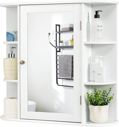 FANTASK Spiegelschrank Bad Holz, Badezimmerschrank mit 4 Fächer & 6 offene Ablagen, Badschrank hängend mit Spiegel, Badezimmer Hängeschrank, 66 x 17 x 63cm, Weiß