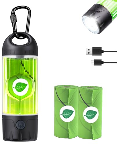 Tubasion Hunde Kotbeutelspender mit Taschenlampe 7-Farben, USB-C Wiederaufladbar kotbeutelhalter, IPX6 Wasserdicht Hundekotbeutel Hundelicht Für Leine, Gassigehen(1Kotbeutelspender, 30Kompost Beutel)