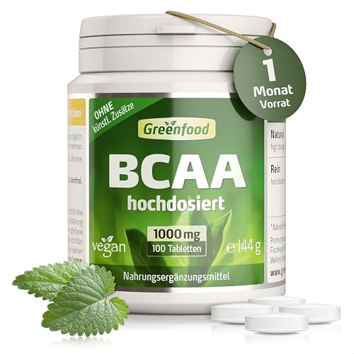 BCAA, 1000 mg, hochdosiert, 100 Tabletten - OHNE künstliche Zusätze | Proteinvorstufe, Muskelaufbau, Muskelerhalt, Hohe Bioverfügbarkeit, Laborgeprüft, Ohne Gentechnik, Halal, Vegan
