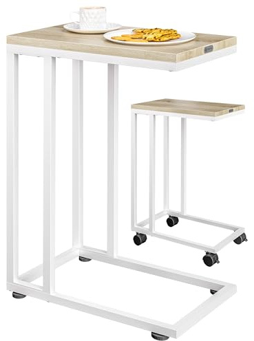 Casaria® Beistelltisch Holz Couch Weiß 40kg Belastbarkeit 70cm Hoch 50x35cm Tisch Klein mit Rollen Laptop Kaffeetisch C Form Wohnzimmer Nachttisch Gestell aus Metall