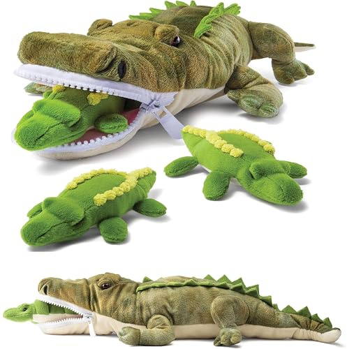 Prextex Kuscheltiere Plüsch-Krokodil mit 3 kleinen Baby-Krokodilen-Alligator Plüschtiere Spieleset