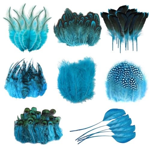 Blau Federn zum Basteln, 160 Stück Fasanenfedern Perlhuhnfedern Acht Stil | Bastelfedern, Naturfedern für Bastelarbeiten, für Traumfänger DIY Ohrringe Party Masken Schmuck Ostereier, Blau