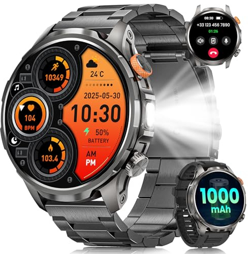 Smartwatch Herren Militär mit 1000mAh Akku, 1,91 AMOLED Armbanduhr, LED Taschenlampe/5ATM Wasserdicht Fitnessuhr mit Telefonfunktion 110+ Sportmodi/Herzfrequenz/Schlafmonitor/SpO2 iOS Android Schwarz