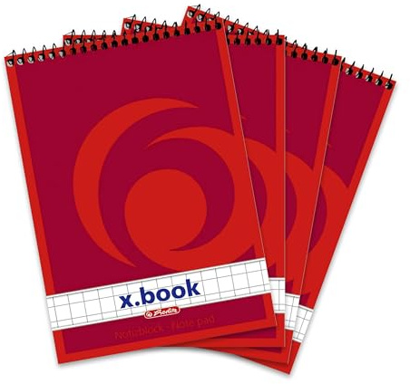Herlitz Spiral-Notizblock x.book A6, kariert, 50 Blatt, ohne Rand, 4 Stück
