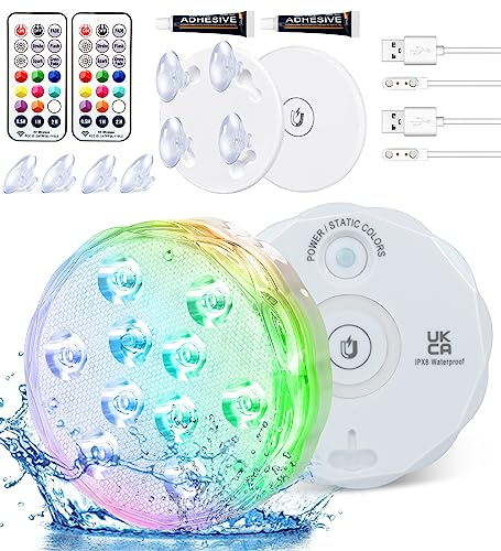 Qoolife USB Wiederaufladbares Unterwasserlicht Funksignal WRGB 3.3 Magnetische bunte LED-Tauchleuchten für Badewanne, Aquarium, Pool, Teich, Dekor, Spa, Weihnachten -2 Stück