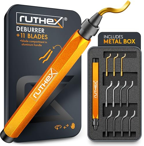ruthex Entgrater in Metallbox inkl. 11 Klingen für Kunststoff, Metall, Edelstahl - ideal im 3D Druck - Handentgrater mit Griffstaufach - zusätzliche titanbeschichtete Entgraterklingen für Bohrungen
