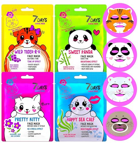 7Days Tuchmasken Gesicht Set Animal, 4 Stück | Feuchtigkeitsspendend, Anti-Falten-Wirkung, Natürlichen Extrakten und Vitaminen, Beauty Gesichtsmaske, Korean Skincare