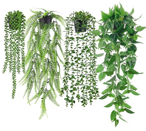 Der Rose 4 Stück Künstliche Pflanzen Hängepflanze Künstlich Kunstpflanze Hängend Fake Eukalyptus Plant, Boston-Farnen, Perlenkette für Wohnzimmer, Zimmer, Wand Deko Aesthetic Room Decor (Schwarze)
